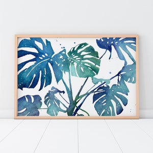 Blue Monstera Plant Art Print | Giant Blue Monstera Watercolor Wall Art Turquoise Botanical Home Decor Leaf Art Gallery Wall CreativeIngrid