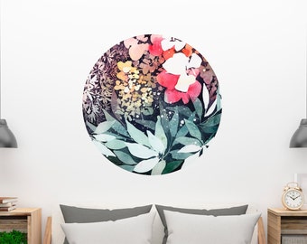 Summer Moon Wall Sticker | Peel and Stick Decal Circle Wild Flowers Leaves and Stars by CreativeIngrid, Reusable Fabrick Moon Decal