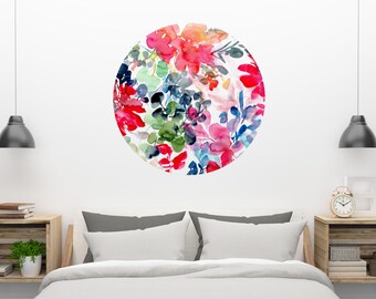 Wall Sticker Floral Circle, Chelsea Moon | Peel and Stick Decal, Easy Interior Design Idea, Modern Floral Decal for Bedroom, CreativeIngrid