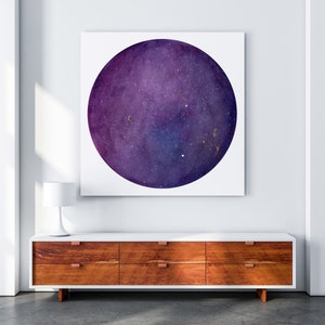 Purple Galaxy Moon Wall Art | Lunar Print Purple Gold Moon Wall Decor Bedroom Nebula Watercolor Print Universe Painting by CreativeIngrid