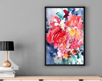 Floral Hug, Modern Art Print | Abstract Botanical Watercolor Painting Floral Large Print Red Indigo Cosmic Love Wall Art by CreativeIngrid