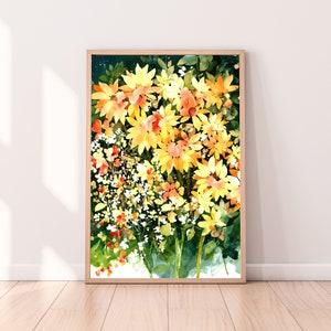 Bees and Yellow Flowers Art Print Three Bumble Bees and the Sunflowers Fine Art Sunflower Garden Watercolor Bee Art by CreativeIngrid 画像 1