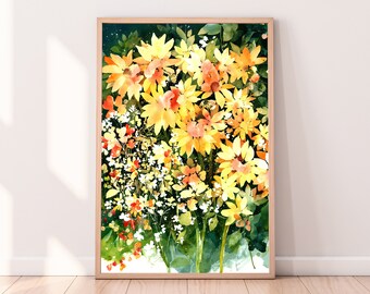 Sunflower Garden Watercolor Art Print: Bumble Bees and Wildflowers