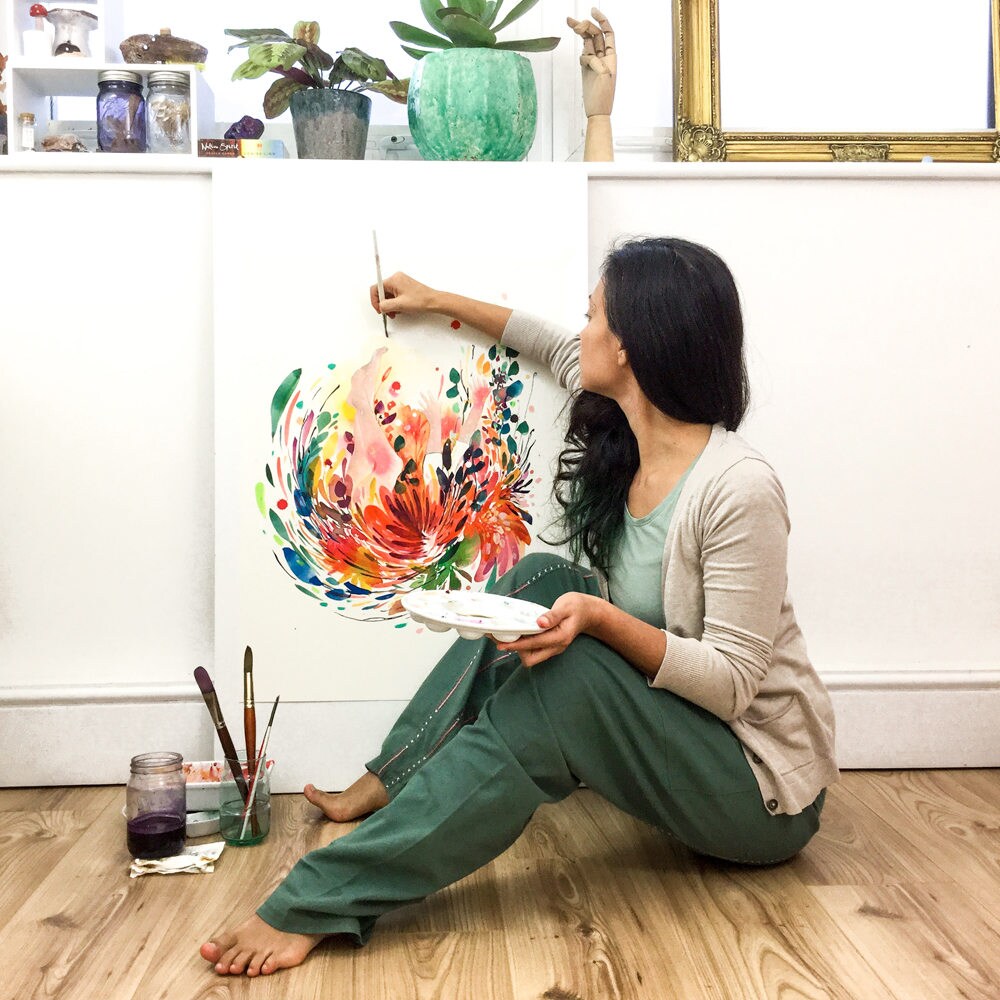 Art Print Watercolor Painting Flowers and Woman. Floral Artwork ...