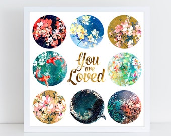 You are Loved Quote Art Print |  Moon Art Chart Sun Floral Love Poster Modern Botanical Magnolia Koi Fish Watercolor Moons by CreativeIngrid