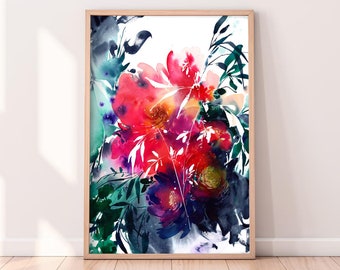 Midnight Kiss, Watercolor Painting Floral | Indigo Botanical Print, Red Dark Purple Flower Abstract Botanical Modern Wall Art CreativeIngrid