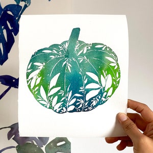 Green Leafy Pumpkin Art Print Blue Green Pumpkin Decor Modern Watercolor Fall Wall Art Kitchen Hand Painted Pumpkin Leaves CreativeIngrid image 2