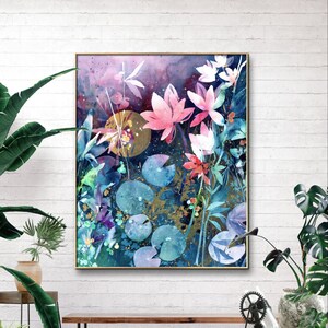 May include: Watercolor painting of pink and white flowers with blue and green leaves. The background is a dark purple with gold accents.