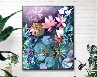 Lotus Flower Art Print: Dragonfly, Blue Purple Leaves, Zen Decor