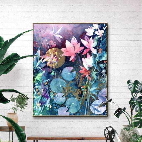 Lotus Flower Art Print: Dragonfly, Blue Purple Leaves, Zen Decor