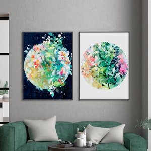 In Full Bloom, Botanical Celestial Art Print by CreativeIngrid, Contemporary Circular Decor Modern Watercolor Gold Green Leaves Flowers Moon image 6