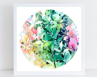 Impression d'art de lune fleurie de jour | Botanique Aquarelle Rose Or Vert Feuilles Fleurs Cercle Art Moderne Pépinière Nature Décor par CreativeIngrid