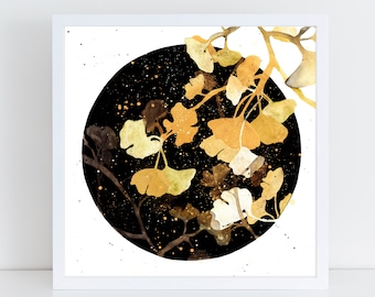 Ginkgo Leaves Under the Starry Sky, Art Print | Golden Leaves Deep Dark Starry Night Art for Living Room Zen Nature Decor by CreativeIngrid