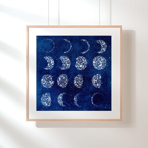 Impresión artística de gráfico lunar botánico / Gráfico de fases lunares de galaxia blanca con acuarela índigo azul celestial, arte lunar botánico de CreativeIngrid