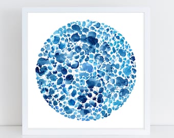 Blue Botanical Circle, Art Print | Blue Home Decor Botanical Print. Circular Art Leafy Moon by CreativeIngrid