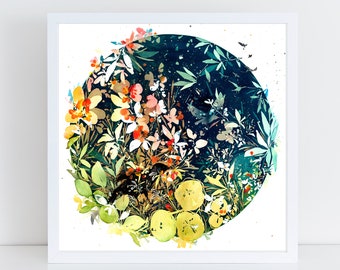 Shy Crow and the Humming Bird Art Print |  Black Crow Nasturtium Leaves Blue Sky Watercolor Hummingbird Magical Spirit Art by CreativeIngrid