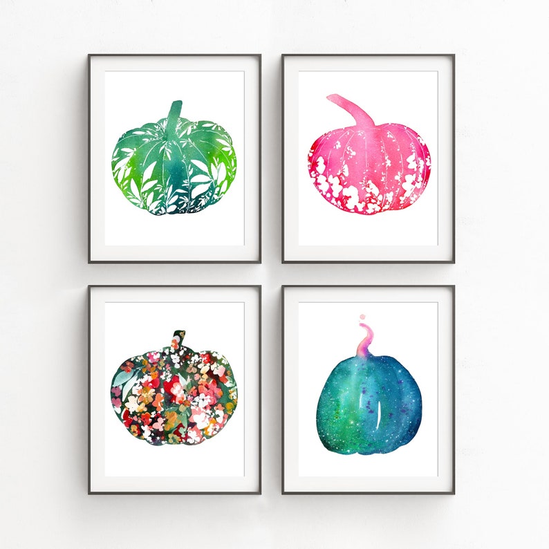 Green Leafy Pumpkin Art Print Blue Green Pumpkin Decor Modern Watercolor Fall Wall Art Kitchen Hand Painted Pumpkin Leaves CreativeIngrid image 5