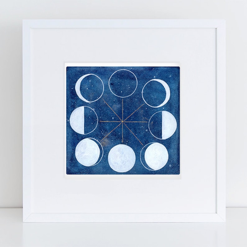 May include: A framed watercolor painting of the phases of the moon on a dark blue background with gold stars. The moon phases are in a circle around a gold star in the center.