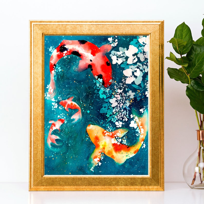 Koi and Goldfish Art Print Zen Watercolor Fish Japanese Inspired Decor Koi Carp Modern Art Aquatic Life Orange Yellow Koi CreativeIngrid image 2