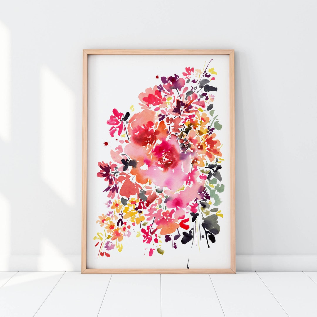 Grand Bouquet, Floral Botanical Art Print Watercolor | Pink Roses ...