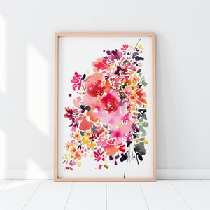 Grand Bouquet, Floral Botanical Art Print Watercolor | Pink Roses Painting Yellow Wildflowers Modern Nursery Wall Art by CreativeIngrid