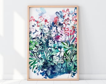 Meanwhile Garden, Botanical Print | Turquoise Blue Green Wall Art Contemporary Leaves Flowers Scene Painting Boho Watercolor CreativeIngrid