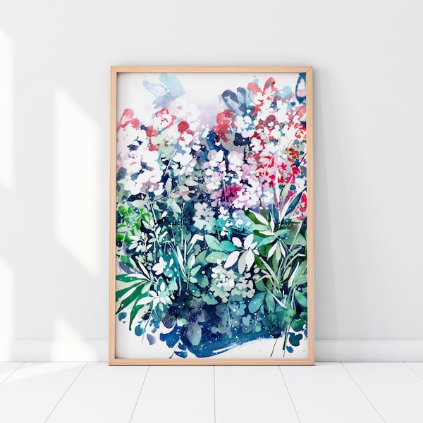 Meanwhile Garden, Botanical Print | Turquoise Blue Green Wall Art Contemporary Leaves Flowers Scene Painting Boho Watercolor CreativeIngrid