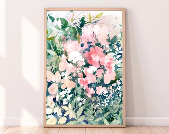 Sunrise Rose Garden Art Print: Pink Botanical Home Decor