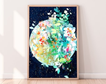Botanical Moon Art Print: Watercolor Flowers, Gold Leaves, Celestial Decor