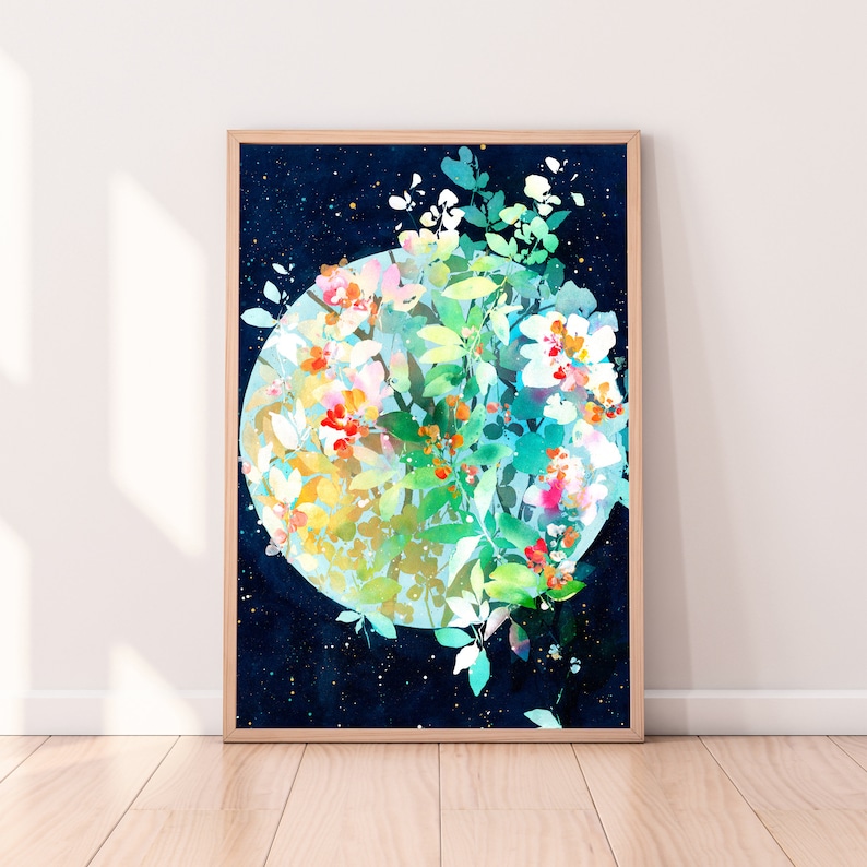 In Full Bloom, Botanical Celestial Art Print by CreativeIngrid, Contemporary Circular Decor Modern Watercolor Gold Green Leaves Flowers Moon image 1
