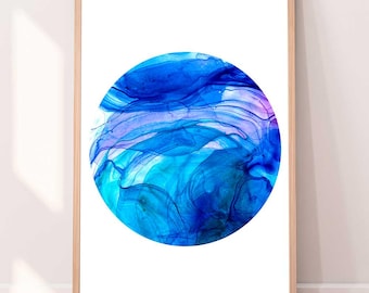 Blue Ink Moon Art Print: Abstract Lunar Waves, Zen Decor