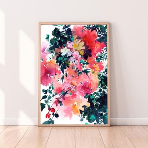 Shimmer Evening, Watercolor Floral Wall Art | Rose Wildflowers Art Print Hot Pink Floral Poster Red and Deep Green Decor by CreativeIngrid