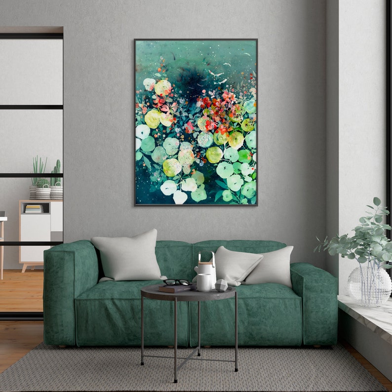 Dreamlike Blooms Wall Art Nasturtium Garden Landscape Art Leaves Flowers Watercolor Night Nature Flying Crows Painting by CreativeIngrid image 2