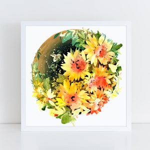 Sunflowers, Two Bumble Bees and the Moon Art Print Yellow Flowers Moon Watercolor Art Modern Botanical Decor Nature Love by CreativeIngrid image 1