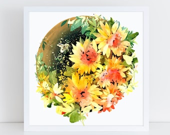 Sunflower Moon Art Print: Bumble Bees Watercolor Botanical Decor