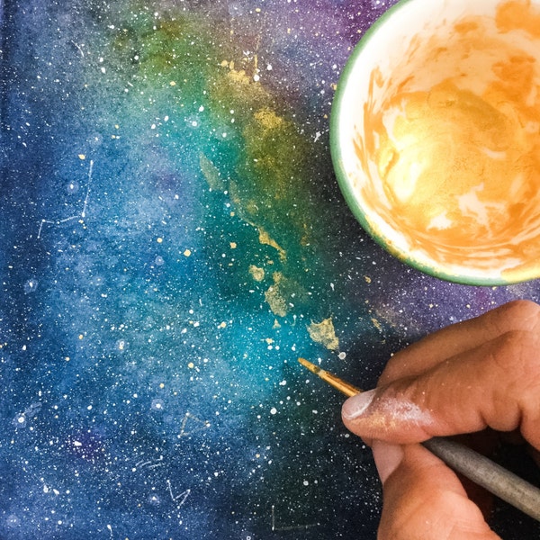 Space Art Print Celestial Watercolor Painting Galaxy Watercolor Gold Universe Space Print CreativeIngrid