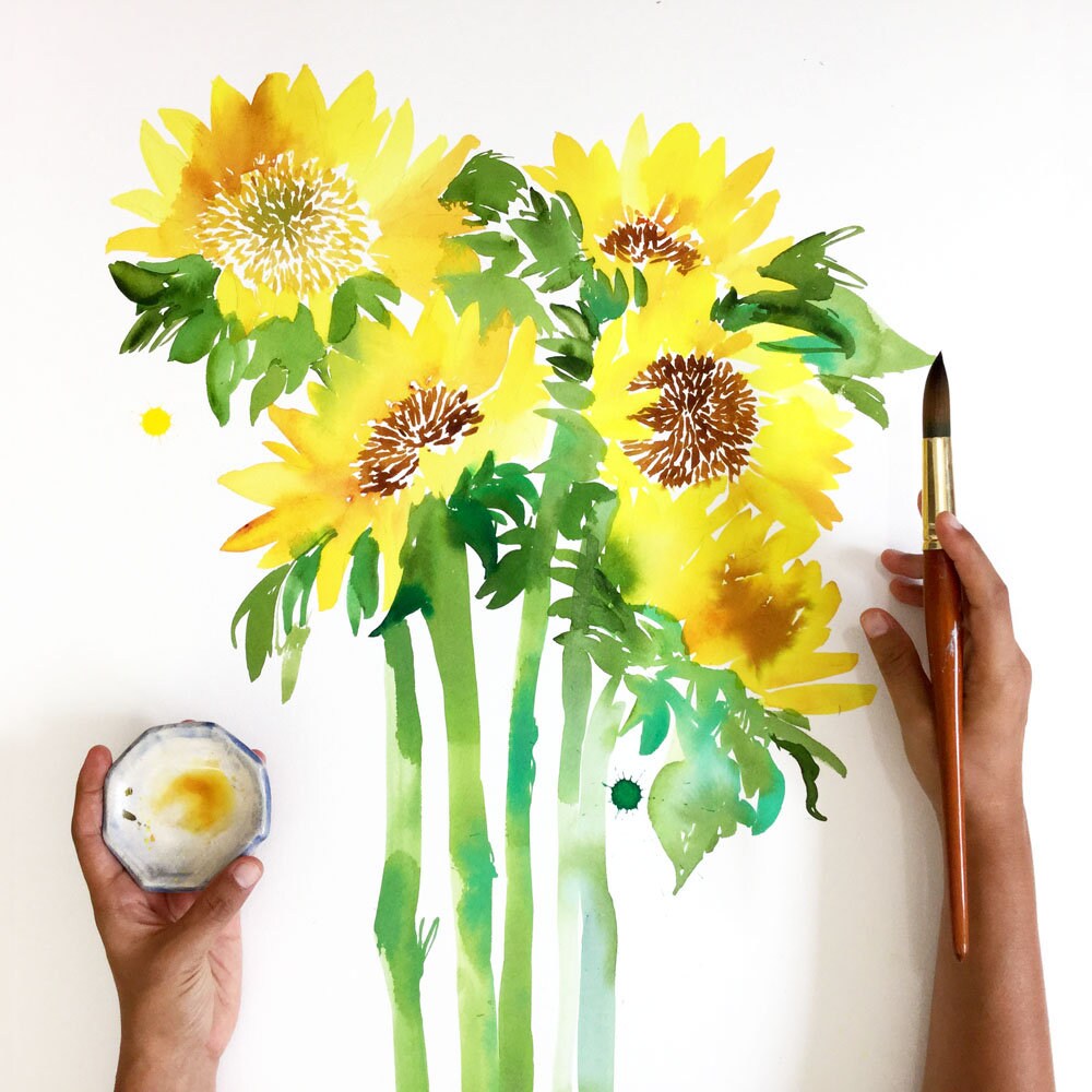 Sunflowers, Art Print Large Watercolor Painting Yellow Sunflowers ...