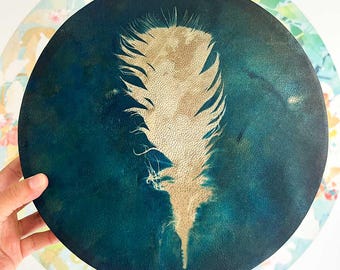 Handmade Shamanic Medicine Drum with Feather Design | 10” Instrument for Meditation, Ritual & Journeying