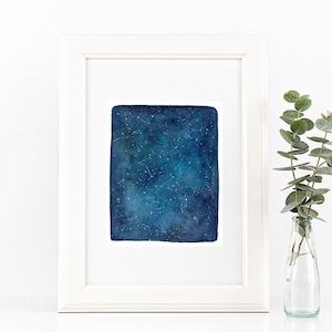 Watercolor Print. Blue Universe. Starry Sky Art Print. Stars and Constellations. Starry Night Art. Nursery Decor. Universe. CreativeIngrid.