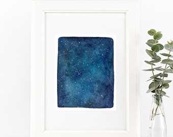 Watercolor Print. Blue Universe. Starry Sky Art Print. Stars and Constellations. Starry Night Art. Nursery Decor. Universe. CreativeIngrid.