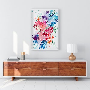 Aware, Floral Print Hot Pink Abstract Flowers Blue Purple Watercolor Painting for Living Room Print Contemporary Modern Art CreativeIngrid image 2