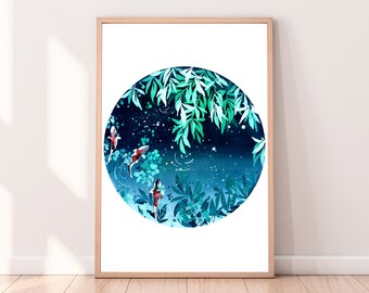 Koi Pond Watercolor Art Print: Willow Reflection Fengshui Decor