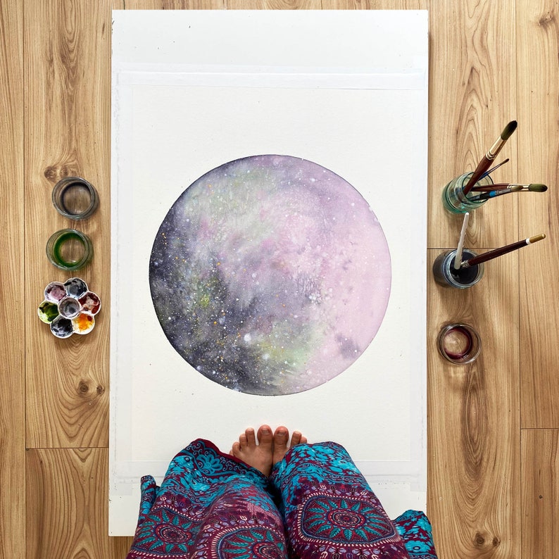 Silver Pink Moon, Watercolor Moon Gray Pink Purple Celestial Print Moon Artwork by CreativeIngrid July Moon Thunder Moon Buck Moon Art Print image 7