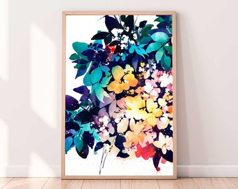 Watercolor Flower Art Print: Turquoise, Purple, Pink Botanical Home Decor