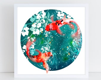 Stampa murale Koi Fish Pond / Turquoise Pond Orange Koi Carp Japanese Art Inspired Aquarius Pisces Gift Idea Zen Home Decor by CreativeIngrid