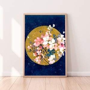 Floral Sunlight, Sun Modern Vintage Wall Art by CreativeIngrid Golden Sun with Pink Flowers, Blue-Purple Branches Leaves Blue Starry Sky image 3