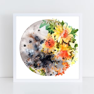 Peut inclure: Une peinture à l'aquarelle d'un cercle avec un fond noir et gris et un groupe de fleurs jaunes, orange et rouges au premier plan.