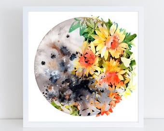 Sunflower Moon Eclipse Art Print: Celestial Watercolor Floral Decor