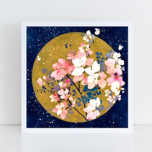 Floral Sunlight, Sun Modern Vintage Wall Art by CreativeIngrid | Golden Sun with Pink Flowers, Blue-Purple Branches Leaves Blue Starry Sky