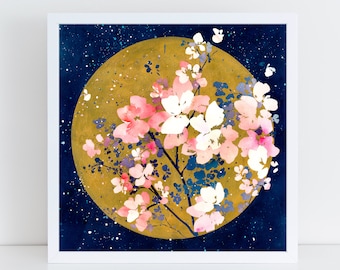 Floral Sunlight Art Print: Golden Sun, Pink Flowers, Starry Sky